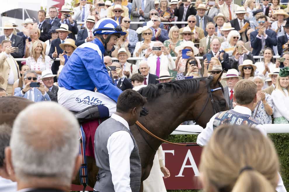 Jockey Jim Crowley on BAAEED after winning The Qatar Sussex stakes on day two of the Qatar Goodwood Festival 2022 at Goodwood Racecourse, Chichester. Picture date: Tuesday July 26, 2022.