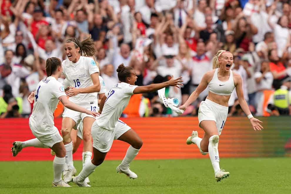 England’s Chloe Kelly (right) celebrates scoring their side’s second goal of the game during the UEFA Women’s Euro 2022 final at Wembley Stadium, London. Picture date: Sunday July 31, 2022.