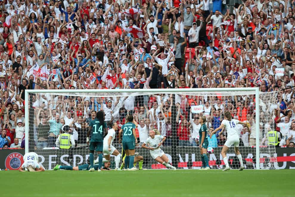 Chloe Kelly spins away after scoring England’s extra-time winner over Germany in the Euro 2022 final (Nigel French/PA Images).