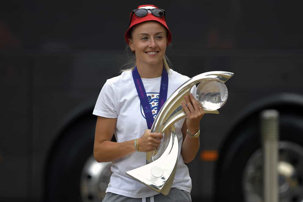 Leah Williamson poses with the Euro 2022 trophy before leaving for Trafalgar Square (Beresford Hodge/PA)