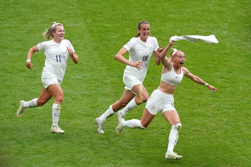 Chloe Kelly (right) celebrates scoring England’s extra-time winner against Germany in the Euro 2022 final (Adam Davy/PA Images).