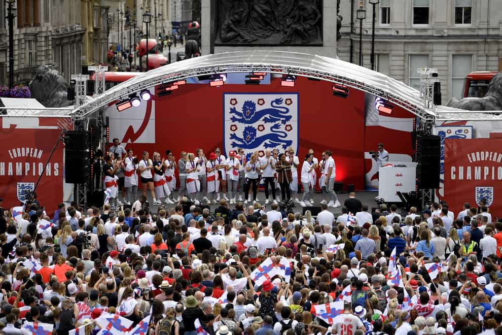 The England team on stage during a fan celebration in Trafalgar Square, London, to commemorate England’s historic Euro 2022 triumph (Beresford Hodge/PA)