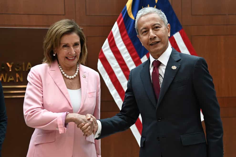 US House Speaker Nancy Pelosi meets Malaysia Parliament speaker Azhar Azizan Harun at the parliament house in Kuala Lumpur, Tuesday, Aug. 2, 2022 (Malaysia’s Department of Information via AP/PA)