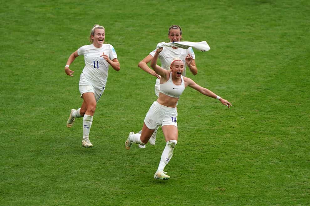 Chloe Kelly celebrates scoring the winner in England’s 2-1 victory over Germany in the Euro 2022 final (Joe Giddens/PA)