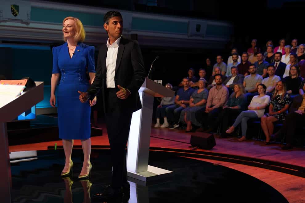 Rishi Sunak and Liz Truss before taking part in a Tory leadership debate (Jacob King/PA)