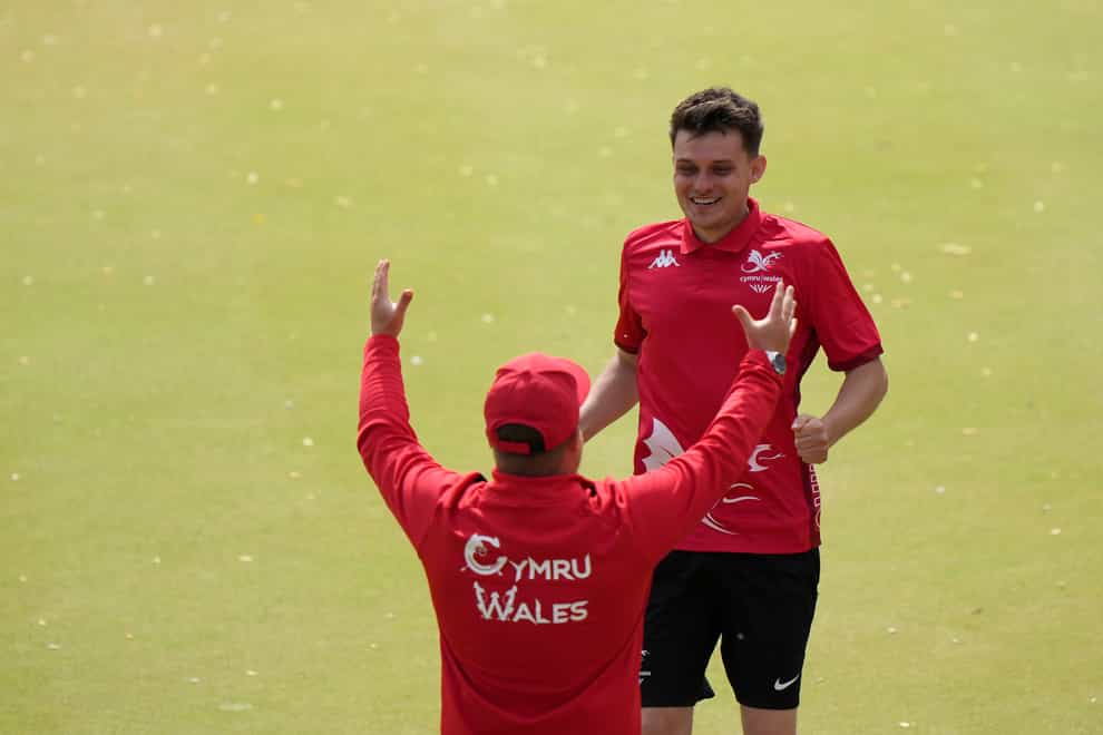 Wales bowlers Jarrad Breen, right, and Daniel Salmon celebrate after winning the Commonwealth Games men’s pairs final at Birmingham 2022 (Tim Goode/PA)