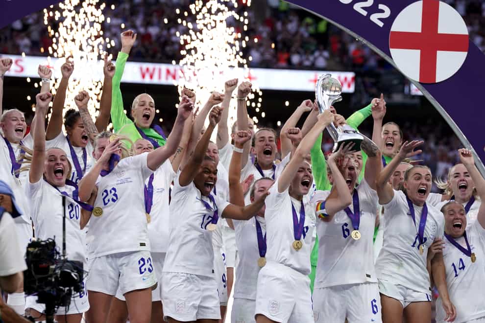 England won their first-ever major trophy in the women’s game as they beat Germany in the Euro 2022 final. (Danny Lawson/PA)