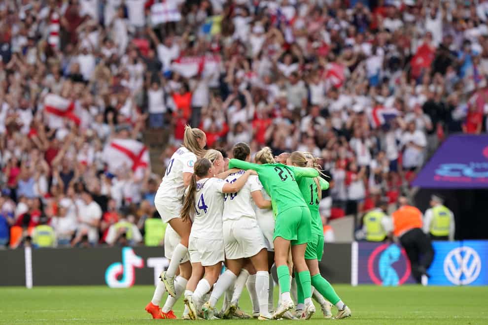 England players celebrate their Euro 2022 triumph at a packed Wembley on Sunday (Jonathan Brady/PA).