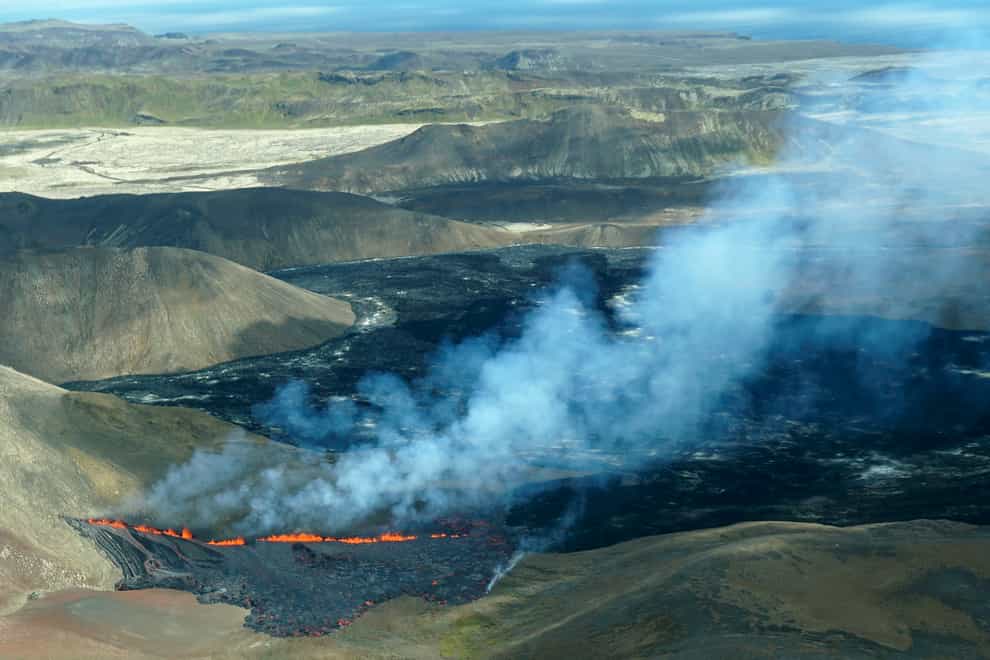 An aerial shot of activity from the Fagradalsfjall volcano in Iceland (Ernir Snær/AP)