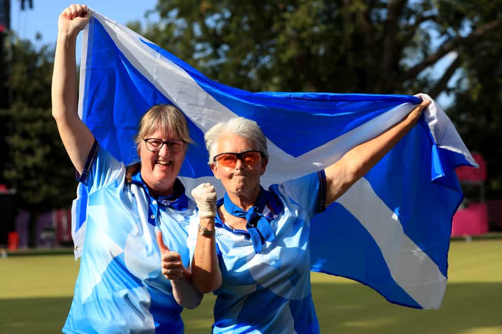 Scotland’s Rosemary Lenton (right) and Pauline Wilson celebrate Commonwealth gold (Bradley Collyer/PA)