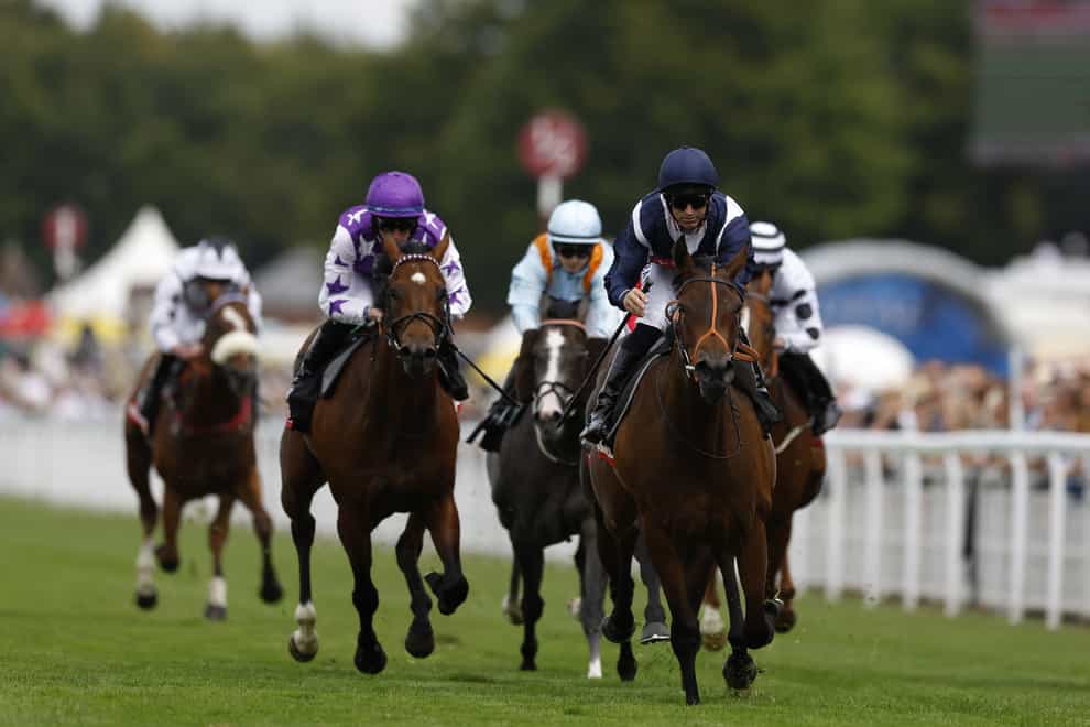 Walbank (purple and white), here finishing third in the Markel Molecomb Stakes, could line up in the Coolmore Wootton Bassett Nunthorpe Stakes at York (Steven Paston/PA)