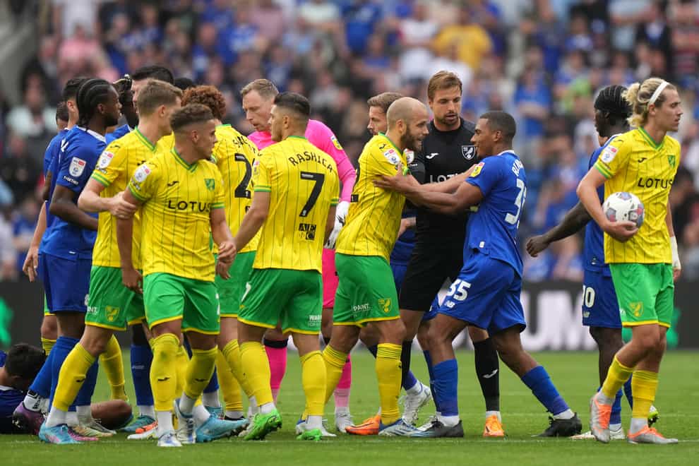 Norwich’s Teemu Pukki clashed with Cardiff’s Andy Rinomhota in the Welsh capital (Tim Goode/PA)