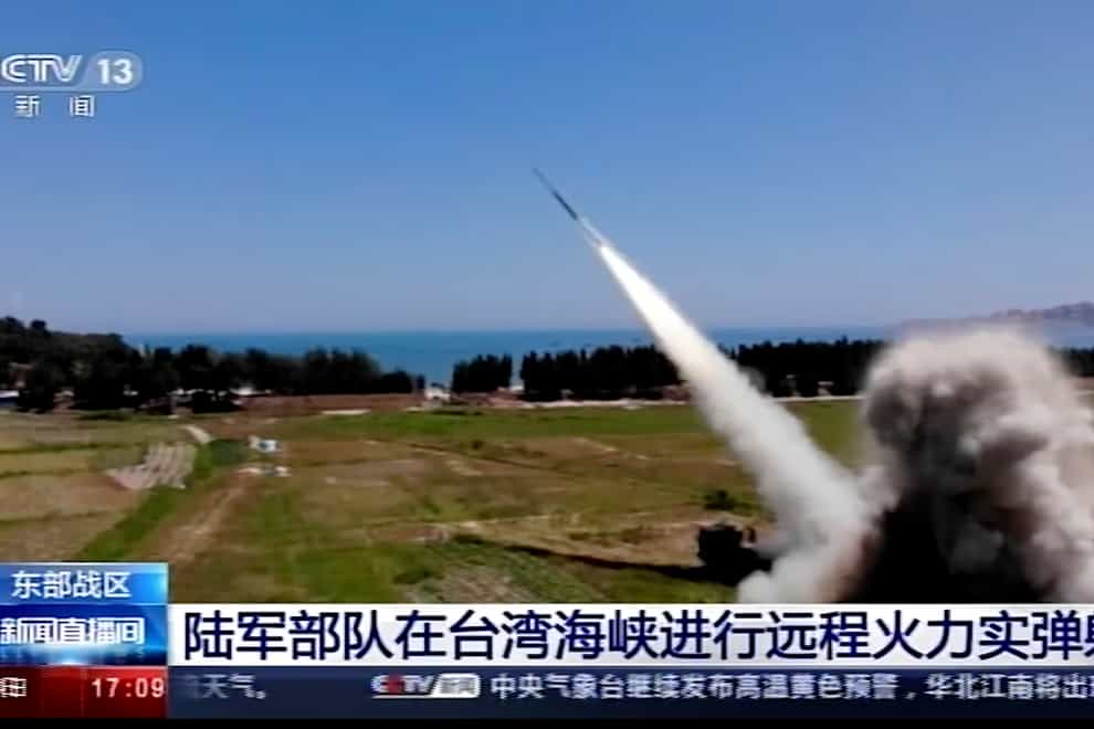 In this image taken from video footage run by China’s CCTV, a projectile is launched from an unspecified location in China, Thursday, Aug. 4, 2022. China says it conducted “precision missile strikes” in the Taiwan Strait on Thursday as part of military exercises that have raised tensions in the region to their highest level in decades. (CCTV via AP)