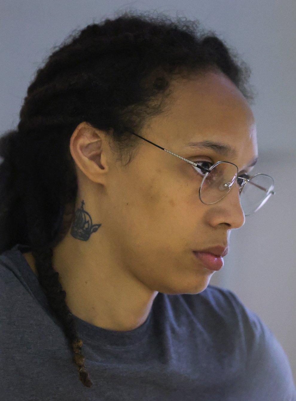 Brittney Griner listening to a verdict in a courtroom in Khimki just outside Moscow, Russia (Evgenia Novozhenina/Pool Photo via AP)