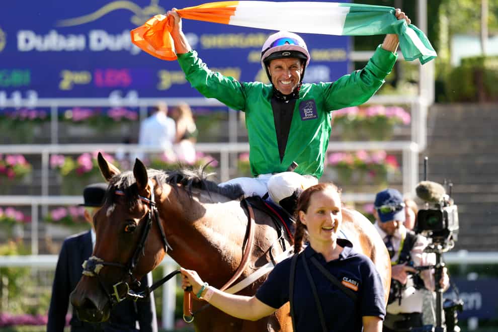 Neil Callan celebrates onboard Adaay in Asia after winning The Dubai Duty Free Shergar Cup Sprint during the Shergar Cup Meeting at Ascot Racecourse. Picture date: Saturday August 8, 2022.