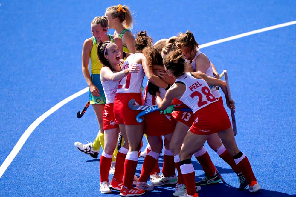 England’s Holly Hunt celebrates with her team-mates after scoring in the final victory over Australia (Joe Giddens/PA)