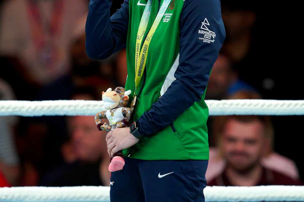 Northern Ireland’s Michaela Walsh reacts after receiving her gold medal (Peter Byrne/PA)