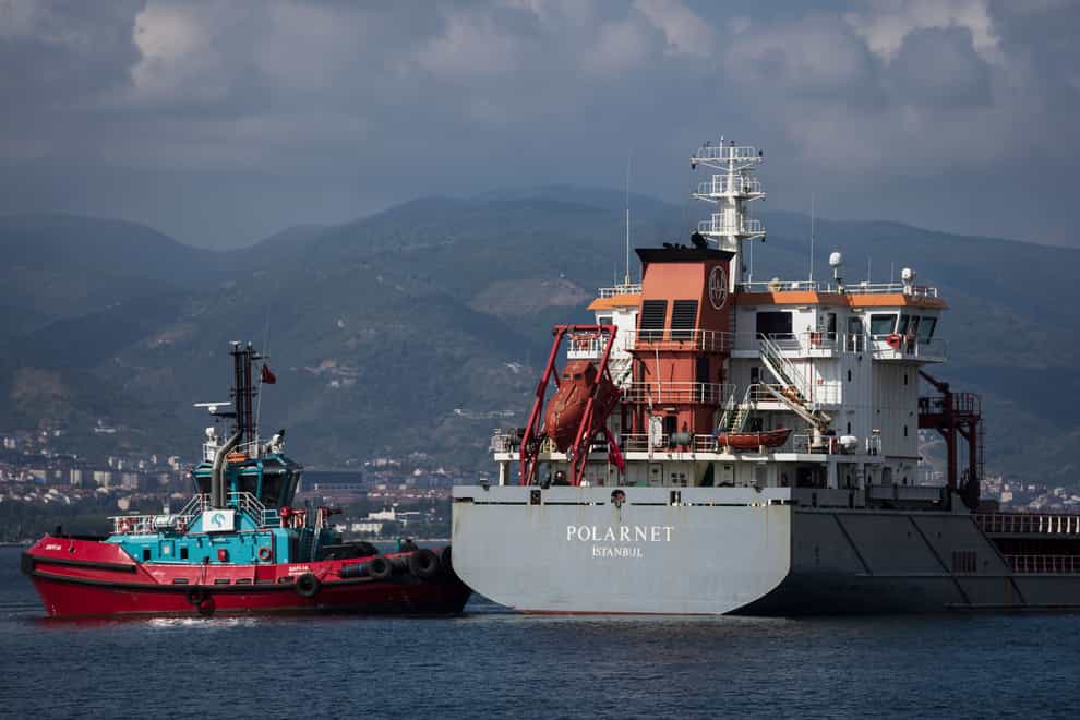 The cargo ship Polarnet arrives to Derince port in the Gulf of Izmit, Turkey, Monday Aug. 8, 2022. The first of the ships to leave Ukraine under a deal to unblock grain supplies amid the threat of a global food crisis arrived at its destination in Turkey on Monday. (AP Photo/Khalil Hamra)