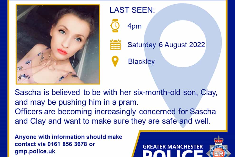 Sascha (no surname given) and her six-month-old son Clay have been missing from their home in the Blackley area of Manchester since Saturday (Greater Manchester Police/PA)