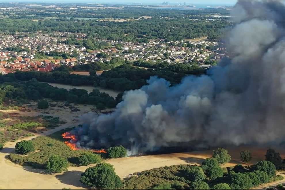 A major fire broke out on Rushmore Heath in Suffolk (Sky News/PA)