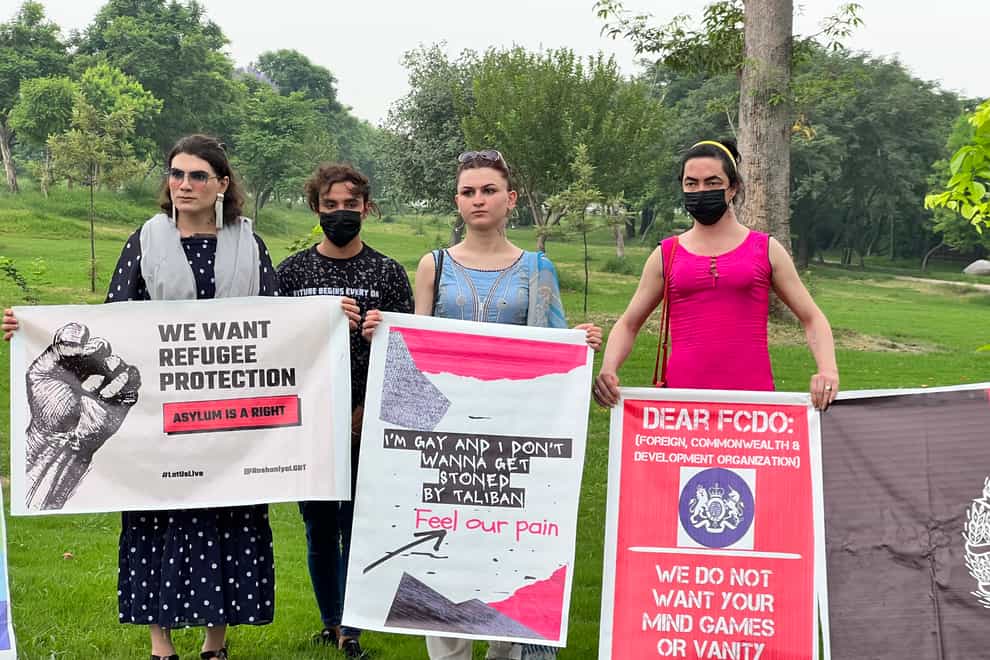 LGBT+ Afghans gathered in a park in Islamabad, Pakistan, on Thursday to call for help from the UK Government (Roshaniya/PA)