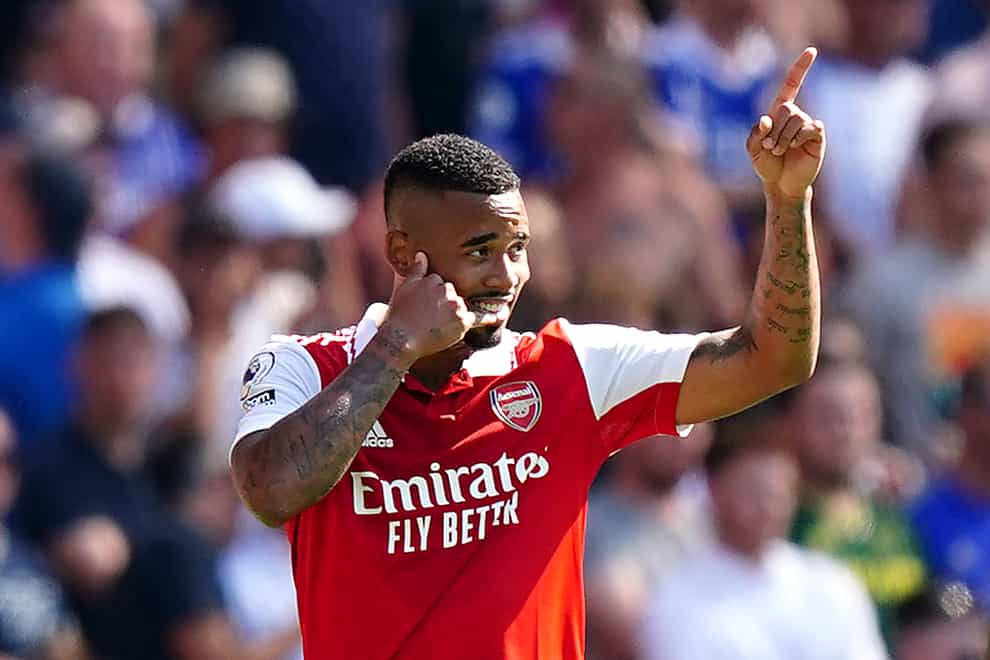 Arsenal’s Gabriel Jesus netted his first two goals as a Gunner in their home opener (Mike Egerton/PA)