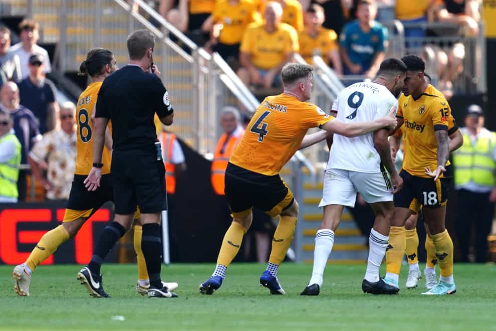 Wolves’ Morgan Gibbs-White, right, and Aleksandar Mitrovic clashed in Saturday’s goalless stalemate at Molineux (David Davies/PA)