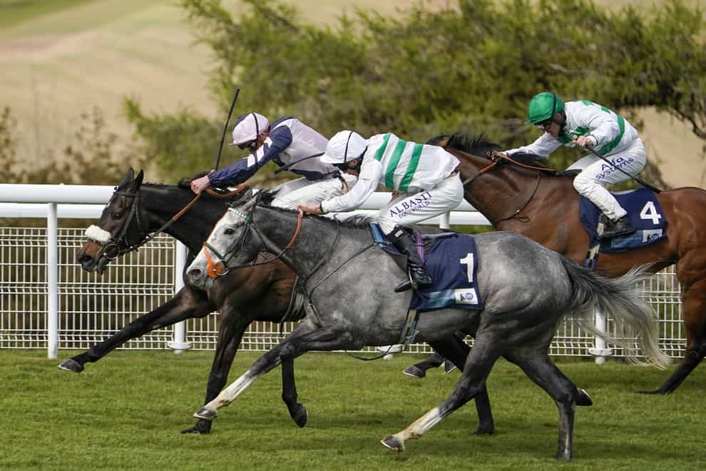 Luke Morris, here riding Alpinista (grey, nearest) to win at Goodwood, has high hopes for the mare when she runs in the Darley Yorkshire Oaks at York on Thursday (Alan Crowhurst/PA)