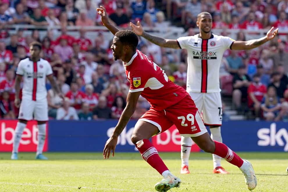 Middlesbrough’s Chuba Akpom celebrates his second goal (Owen Humphreys/PA).