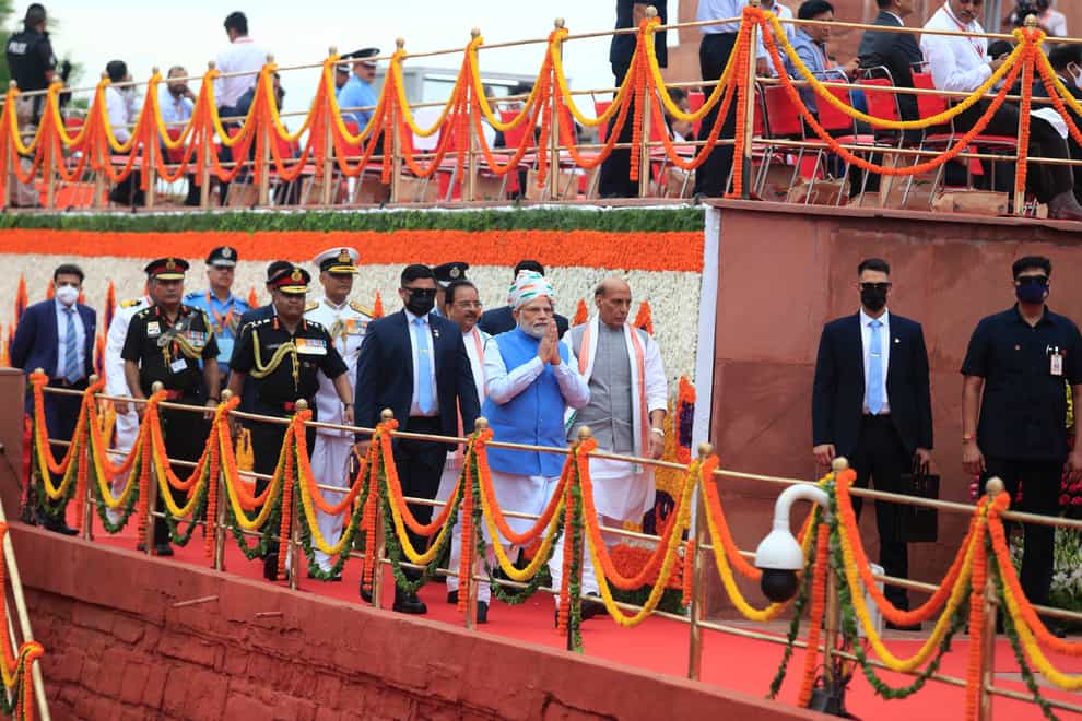 Indian Prime Minister Narendra Modi arrives at the 17th-century Mughal-era Red Fort on Independence Day (Pankaj Nangia/AP)