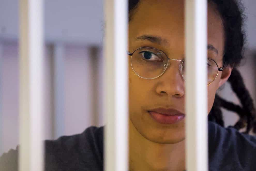 US basketball player Brittney Griner in a courtroom outside Moscow (Evgenia Novozhenina/Pool/AP)