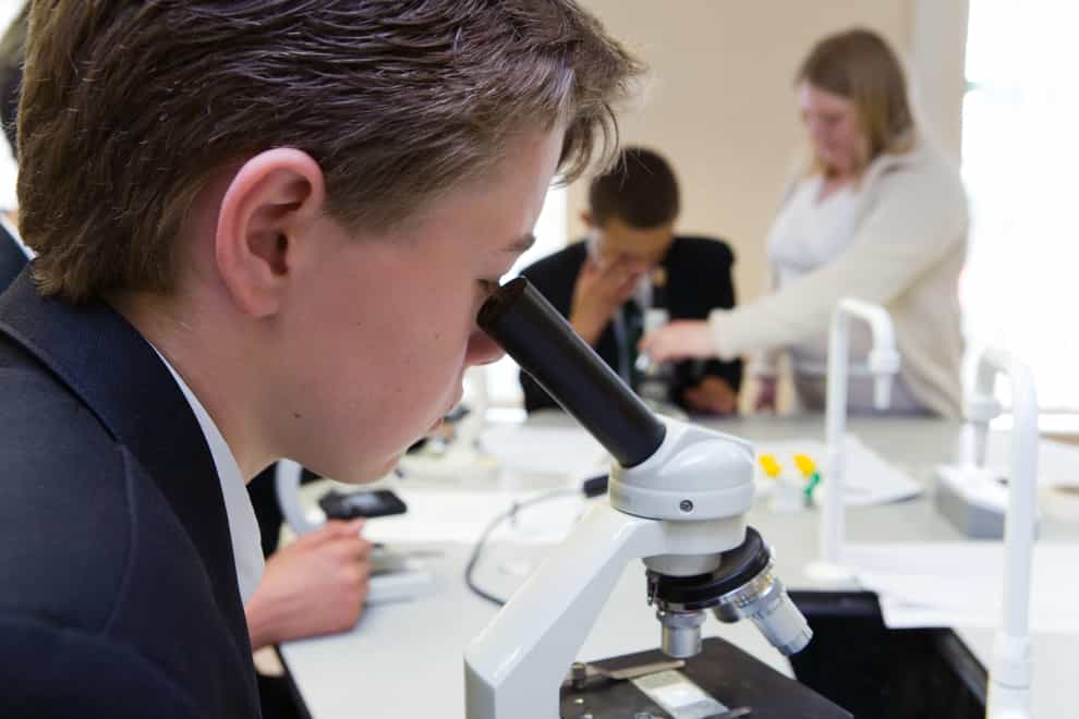 Secondary school students using microscopes during a GCSE science class (Alamy/PA)