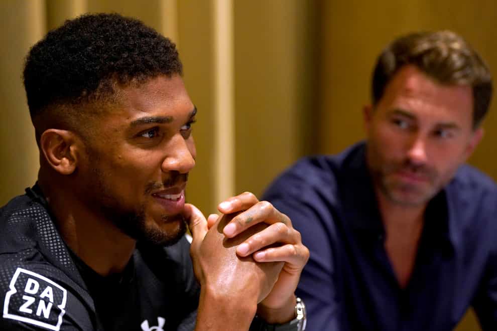 Anthony Joshua (left) and promoter Eddie Hearn at the Shangri-La Hotel in Jeddah on Monday (Nick Potts/PA)