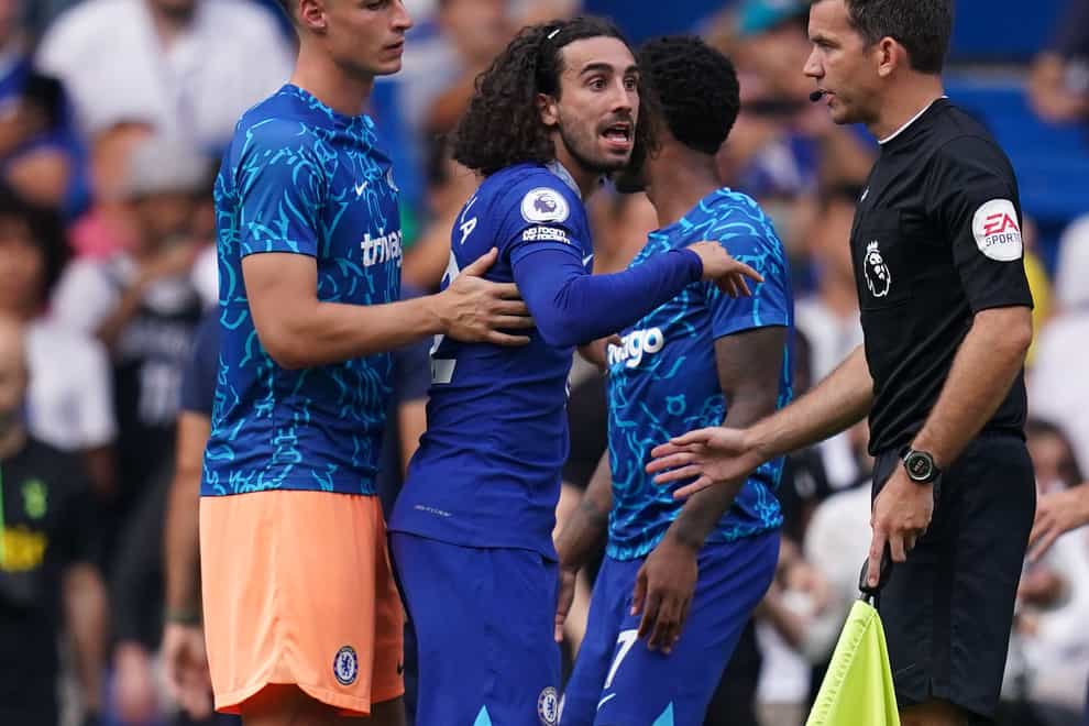 Marc Cucurella, centre, remonstrates with the assistant referee after Chelsea’s 2-2 draw with Tottenham (John Walton/PA)