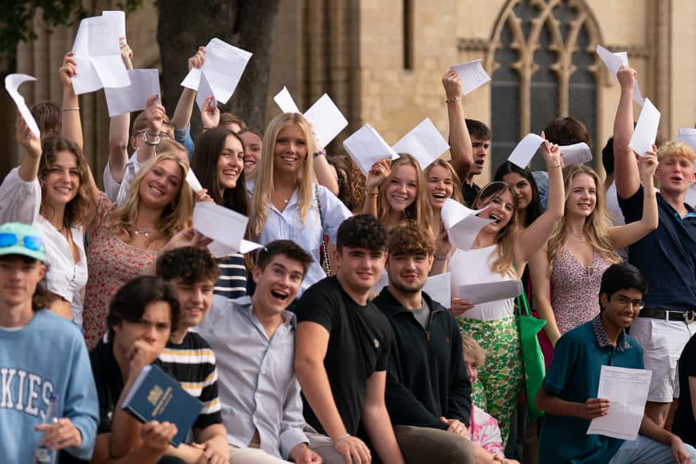 Pupils with their A-level results at Norwich School (Joe Giddens/PA)