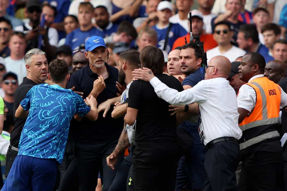 Chelsea’s head coach Thomas Tuchel and Tottenham boss Antonio Conte clashed during the Premier League draw on Sunday. (Ian Walton/AP)