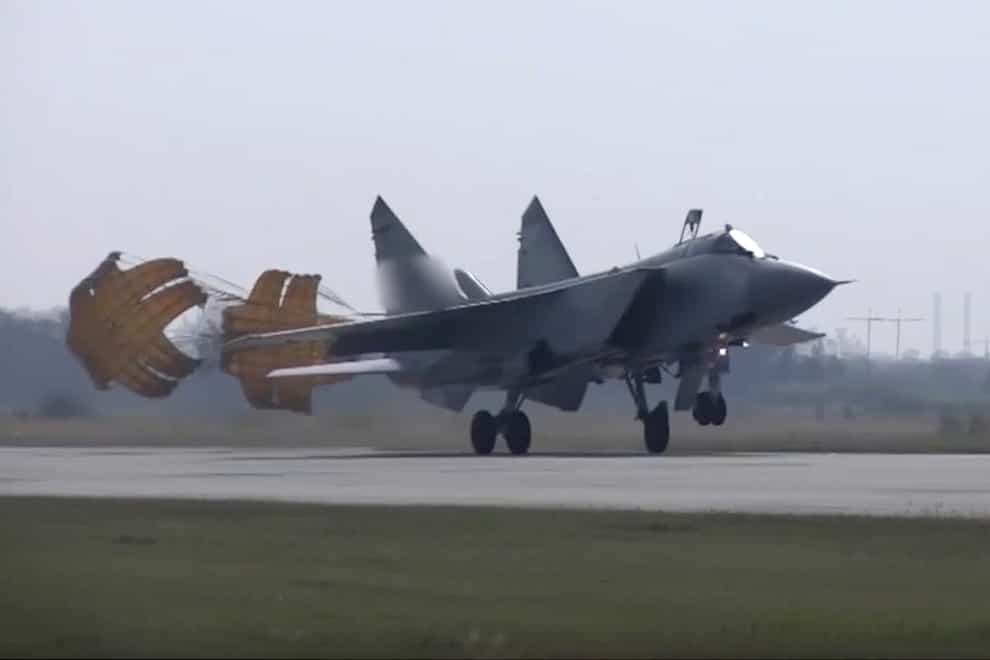 A MiG-31 fighter jet from the Russian air force lands at the Chkalovsk air base in the Kaliningrad region (Russian Defence Ministry Press Service photo via AP)
