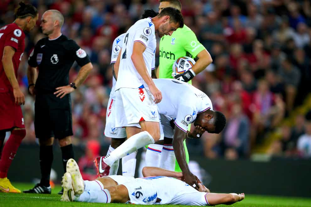 Joachim Andersen lies on the ground after the headbutt that saw Liverpool’s Darwin Nunez sent off (Peter Byrne/PA)