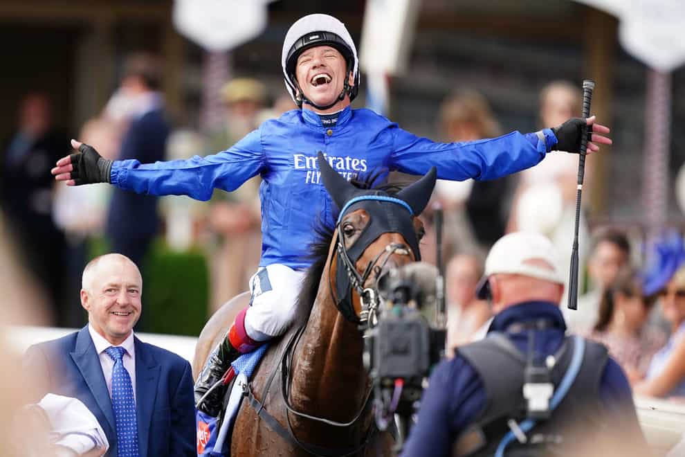 Trawlerman and Frankie Frankie Dettori celebrates following victory in the Sky Bet Ebor Handicap (Mike Egerton/PA)