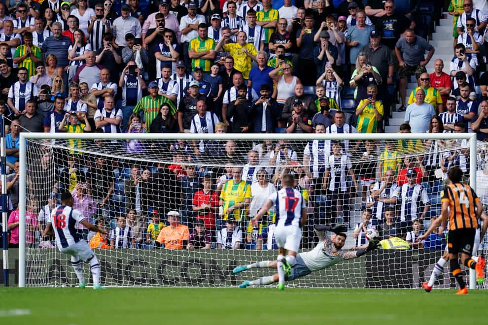 Hull City goalkeeper Matt Ingram fails to stop a penalty from West Bromwich Albion’s Karlan Grant (David Davies/PA)