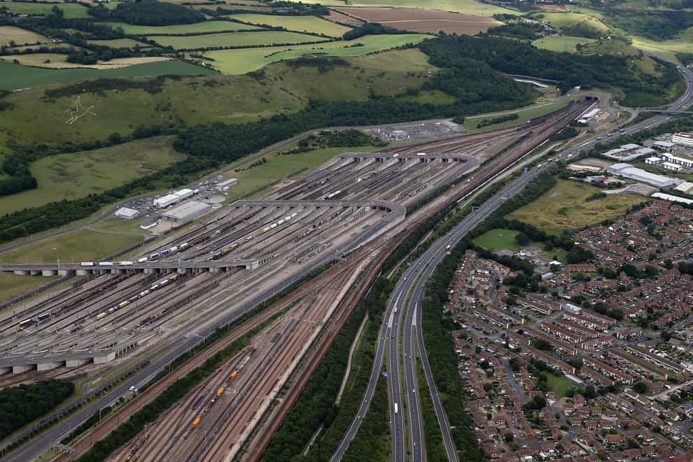 An aerial view of the Eurotunnel site in Folkestone (Gareth Fuller/PA)