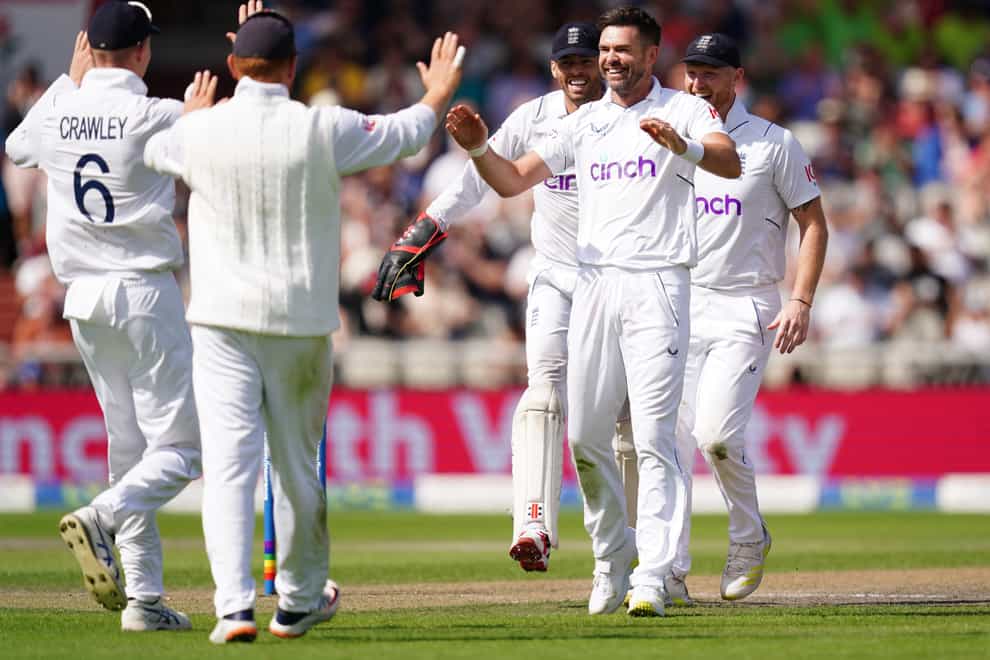 James Anderson, second right, struck twice in two balls after lunch (David Davies/PA)