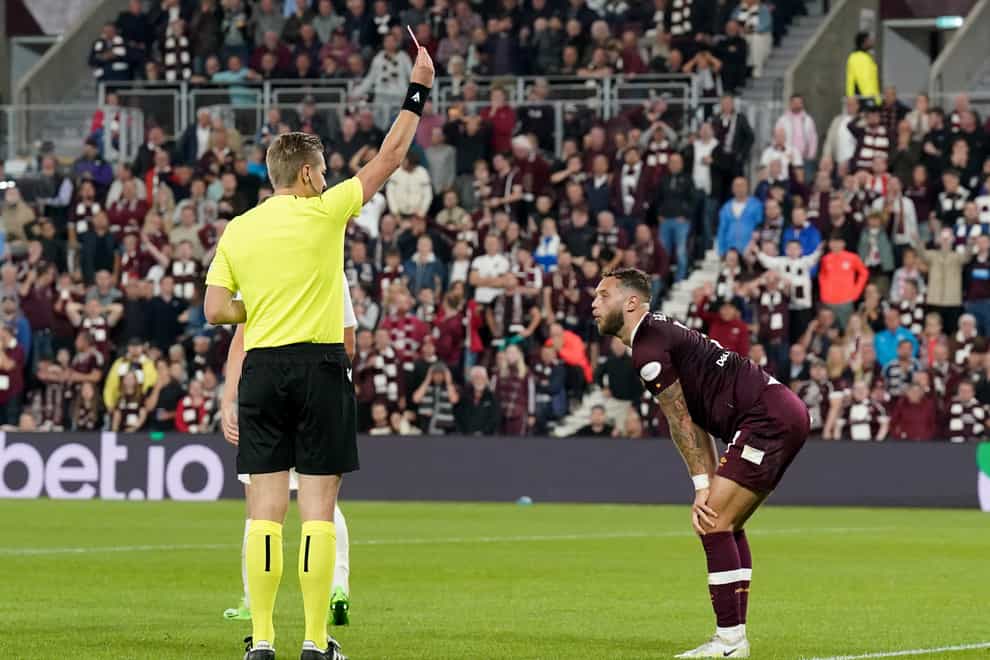 Jorge Grant was sent off at Tynecastle (Andrew Milligan/PA)