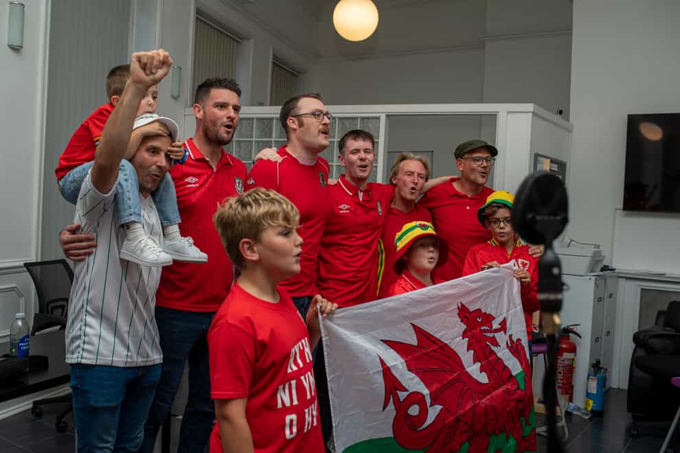Fans recording charity World Cup single We’ve Got The Red Wall in Cardiff Bay (Andrew Dowling)