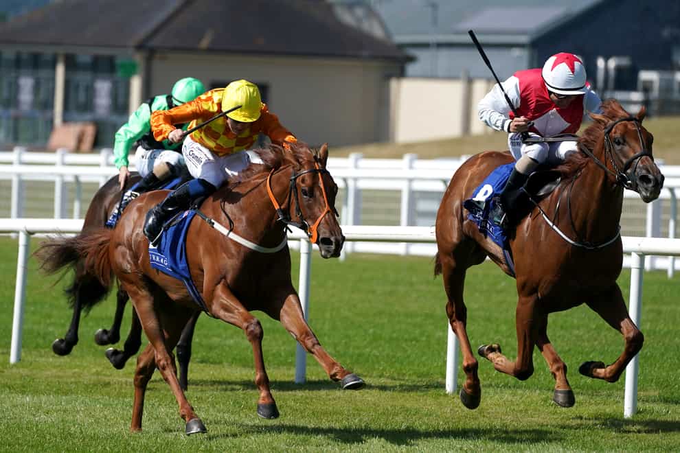 Treasure Trove (yellow cap) gets up to win the Round Tower Stakes (Brian Lawless/PA)