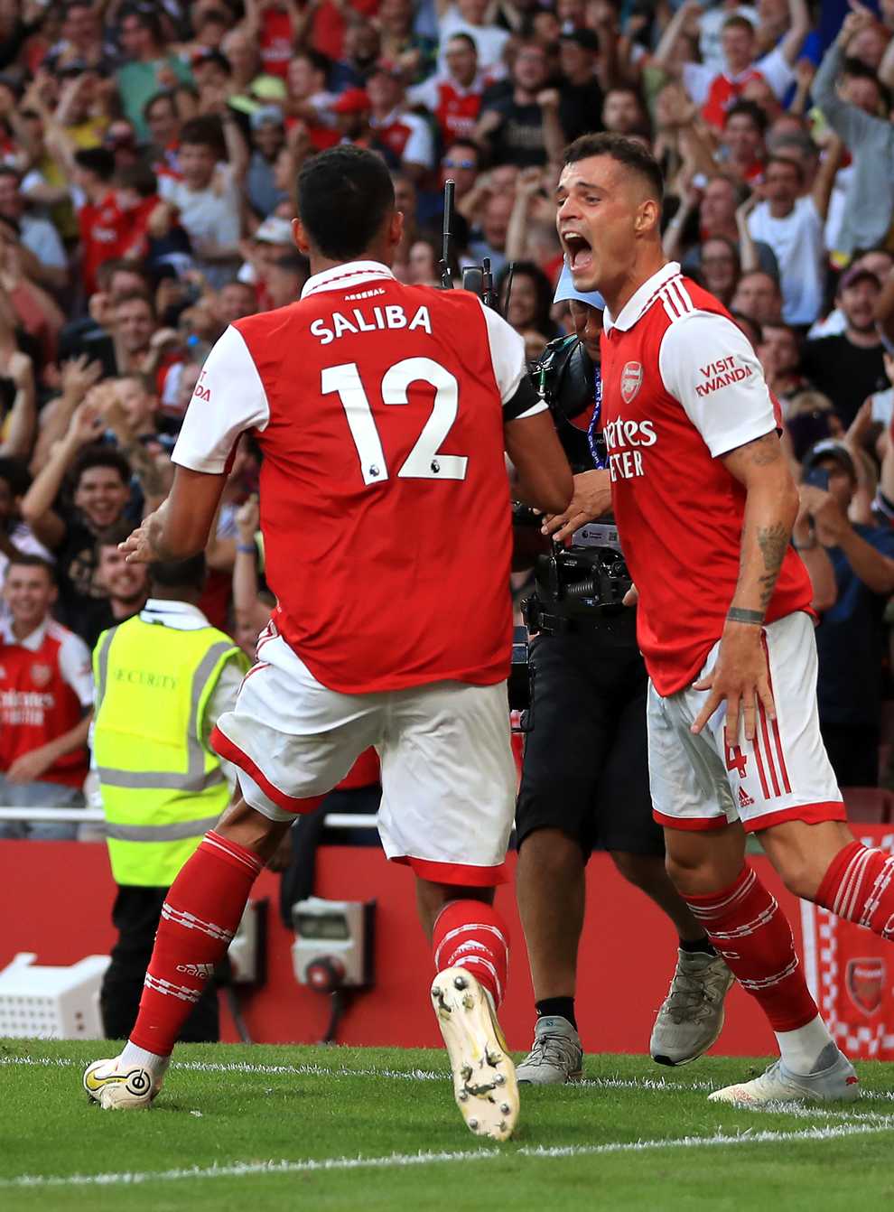 Arsenal’s Gabriel celebrates after scoring the winner against Fulham (Bradley Collyer/PA)