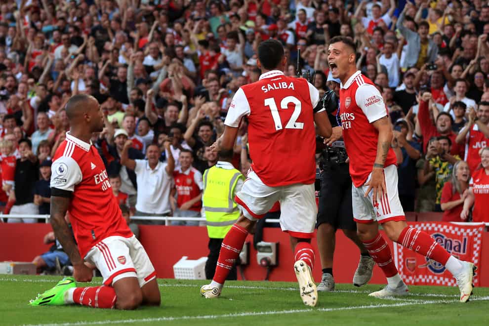 Arsenal’s Gabriel celebrates after scoring the winner against Fulham (Bradley Collyer/PA)