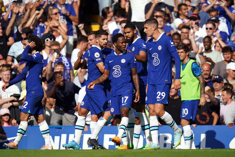 Raheem Sterling is congratulated after scoring Chelsea’s second goal against Leicester (Adam Davy/PA)