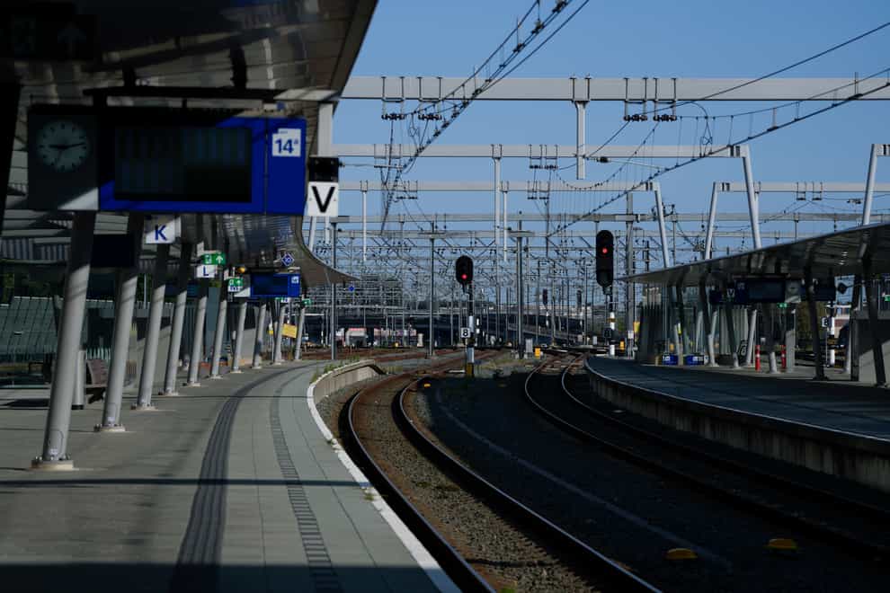 Deserted railway platforms at Utrecht Central station as train services came to a near standstill in the latest in a series of strikes by railway workers hit the Netherlands (Peter Dejong/AP)