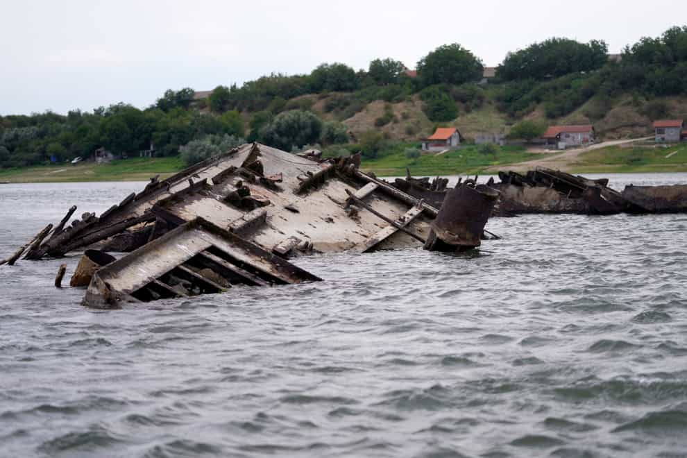 The wreckage of a Second World War German warship in the Danube River near Prahovo, Serbia (Darko Vojinovic/AP)
